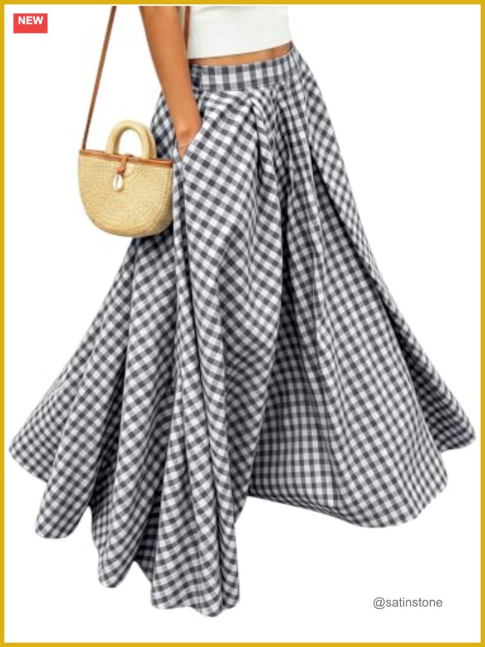 Womens Gingham Plaid Maxi Skirt Swing Flared A-Line Long Summer Skirt